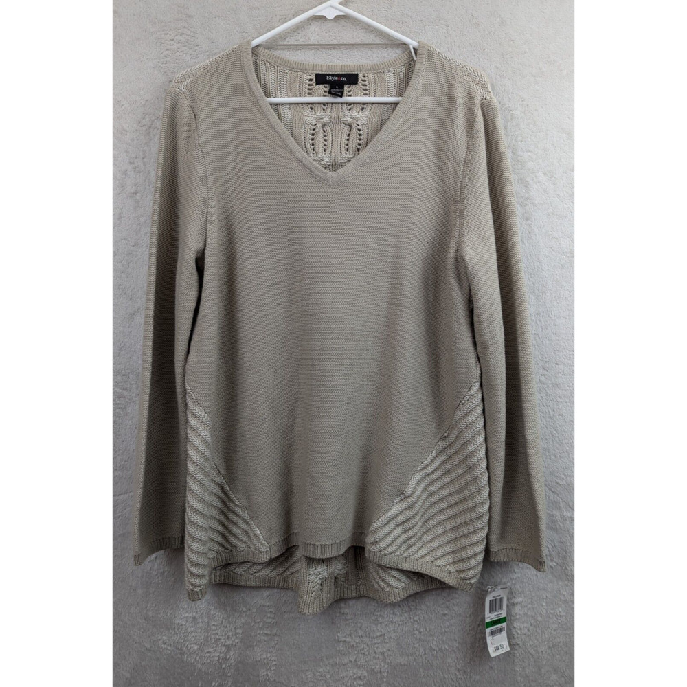 Style & Co sz L Tunic Sweater khaki & cream long sleeves 0709